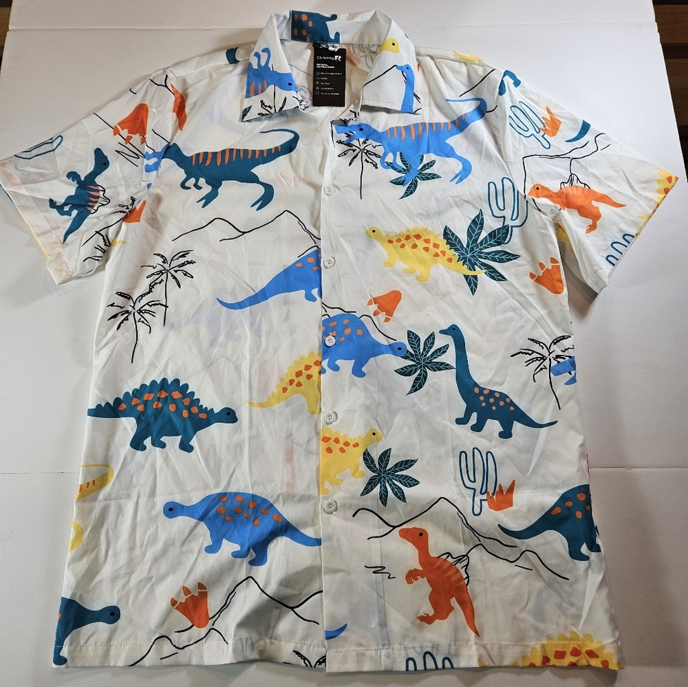 Dinosaur Print Shirt with Blue and Orange Accents